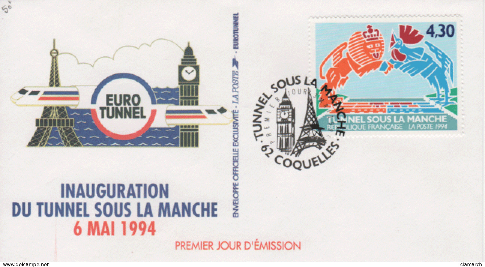 FRANCE-Premier Jour D'émission-Série De 4 Enveloppes Inauguration Du Tunnel Sous La Manche-cachet De Coquelles Du 3.5.9 - Postdokumente