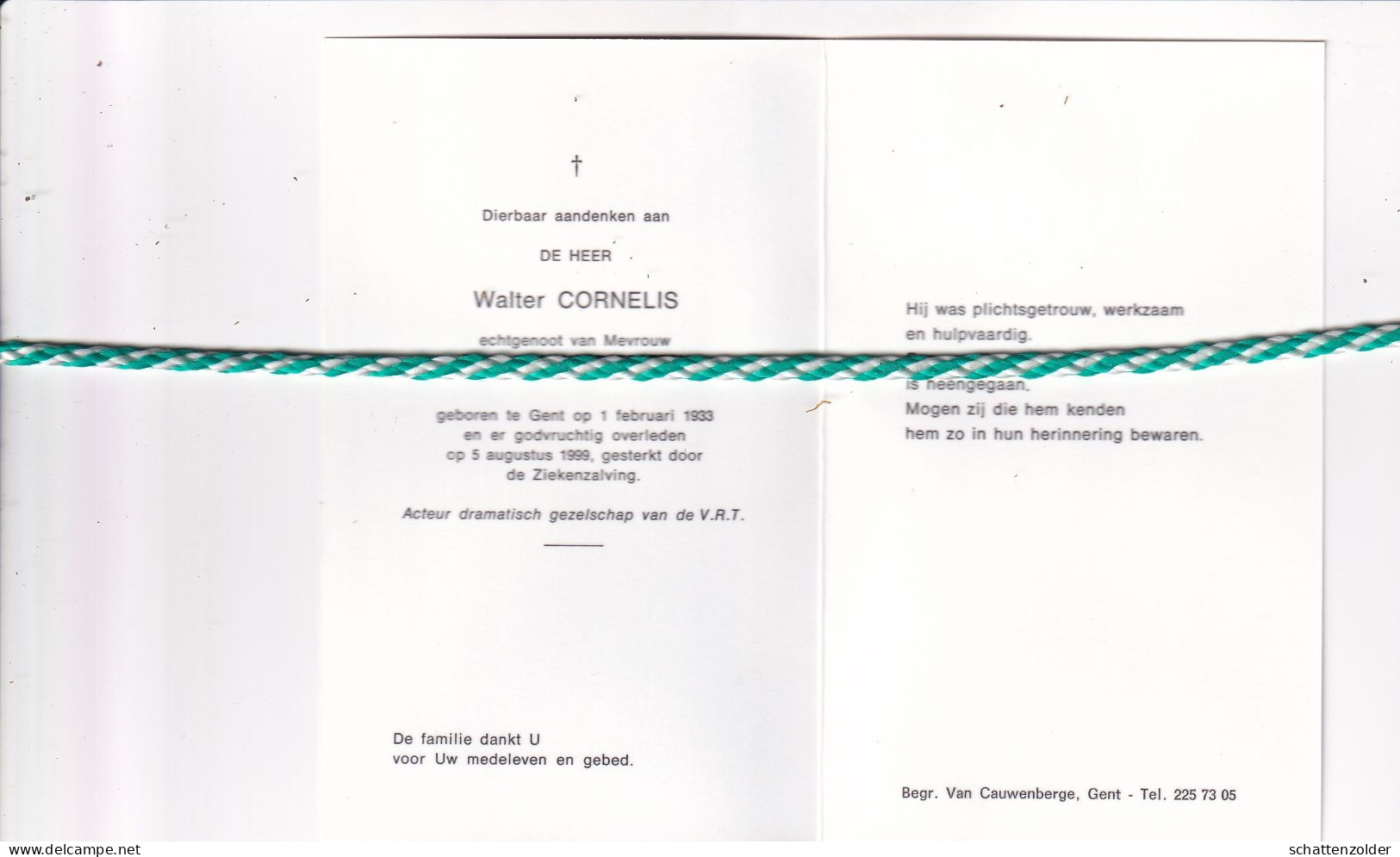 Walter Cornelis-Vanderstraeten, Gent 1933, 1999. Vlaams Acteur; Foto - Todesanzeige
