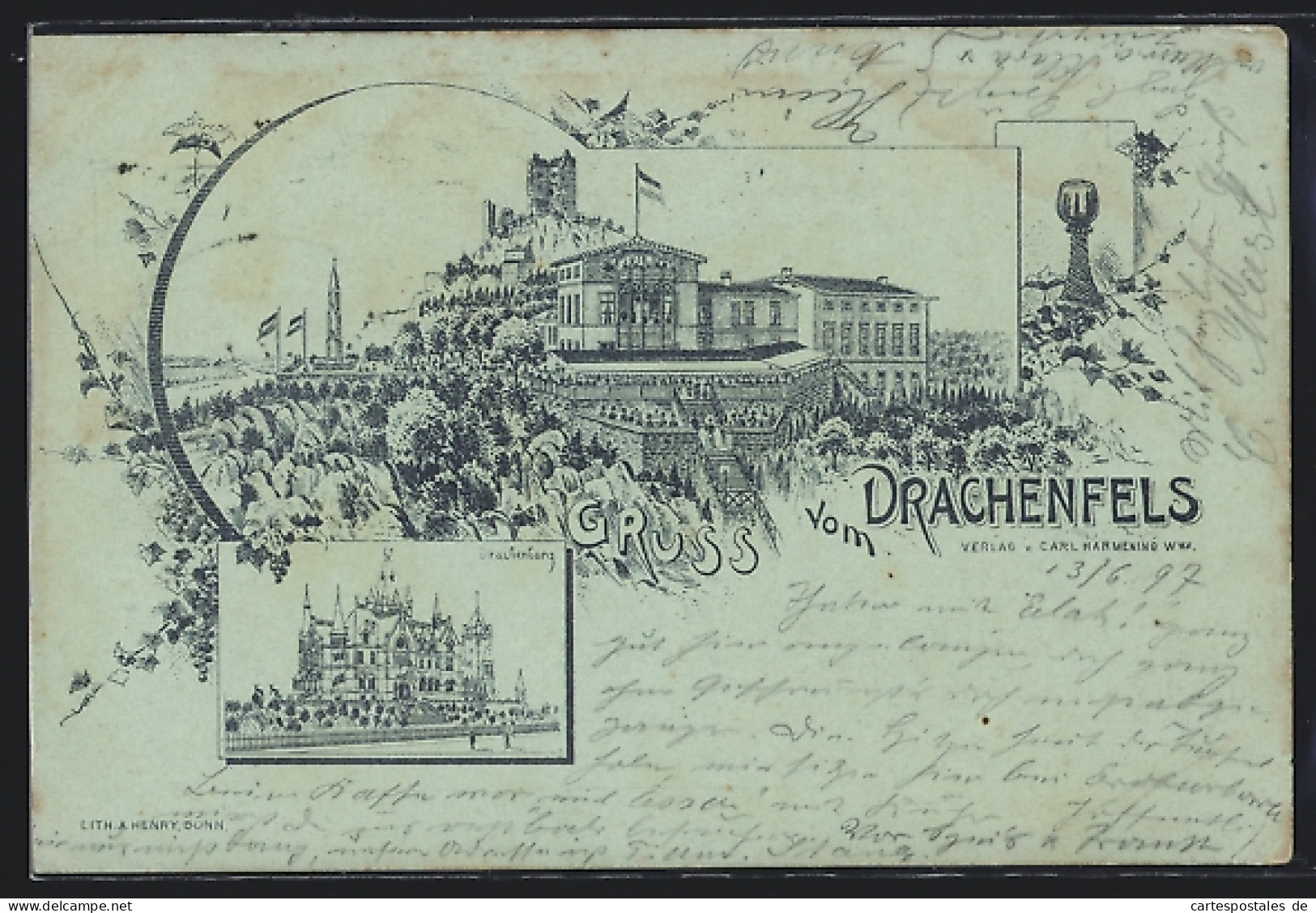 Mondschein-Lithographie Drachenfels, Drachenburg Und Hotel Auf Dem Drachenfels  - Drachenfels