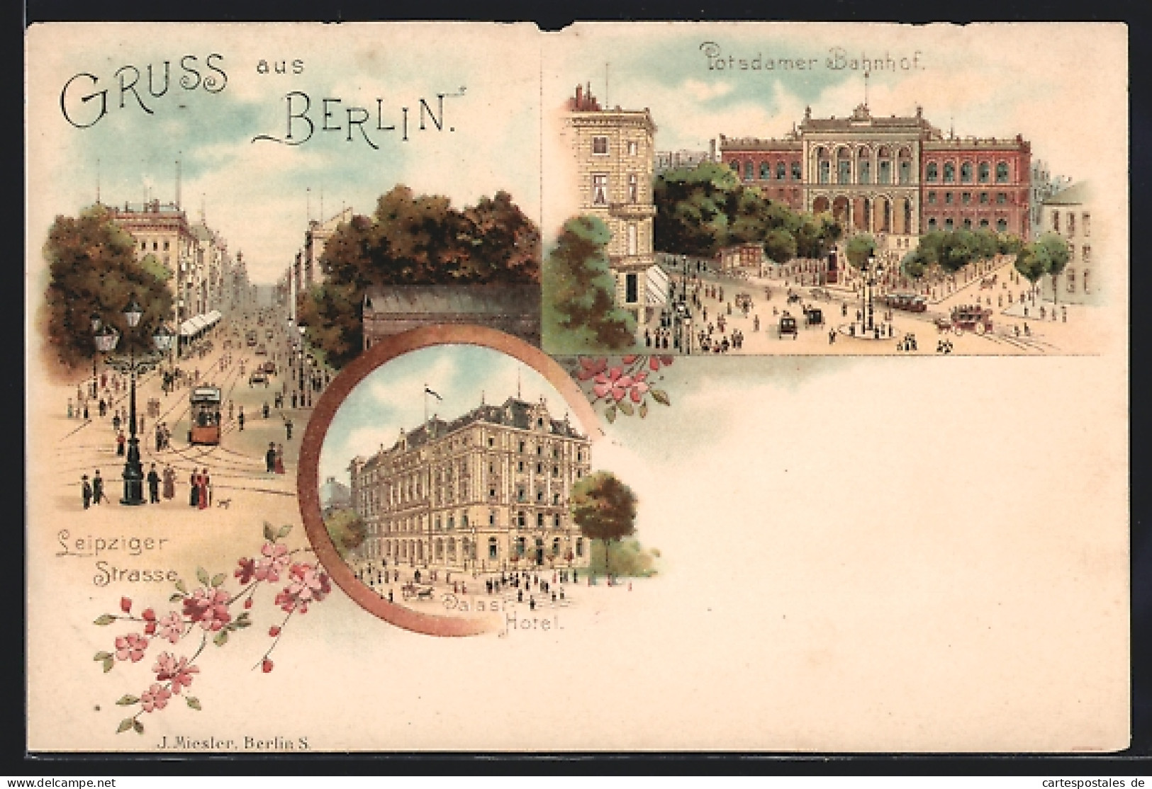 Lithographie Berlin-Tiergarten, Potsdamer Bahnhof, Leipziger Strasse, Grand Hotel Bellevue, Rosafarbene Blumen, Um 1900  - Tiergarten
