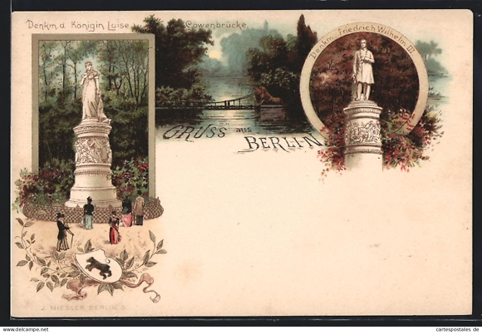 Lithographie Berlin-Tiergarten, Löwenbrücke, Denkmal Der Königin Luise, Denkmal Friedrich Wilhelm III.  - Dierentuin