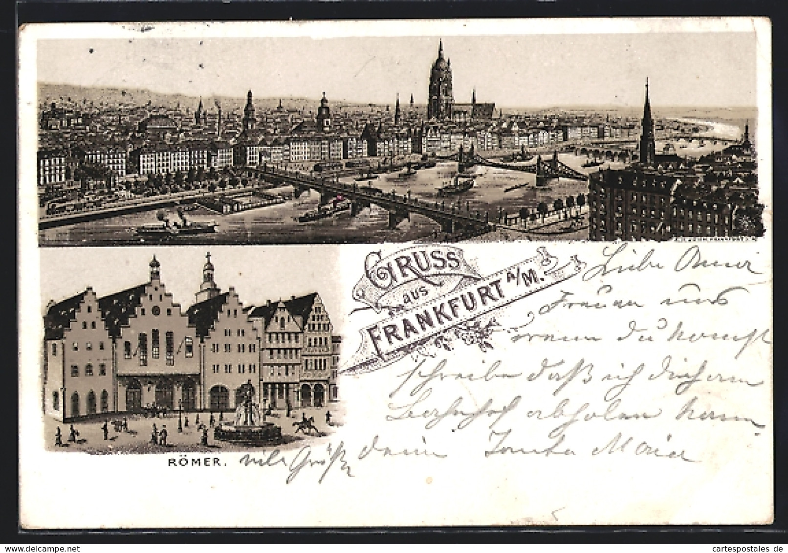 Lithographie Alt-Frankfurt, Römer Und Stadtansicht Mit Flusspartie  - Frankfurt A. Main