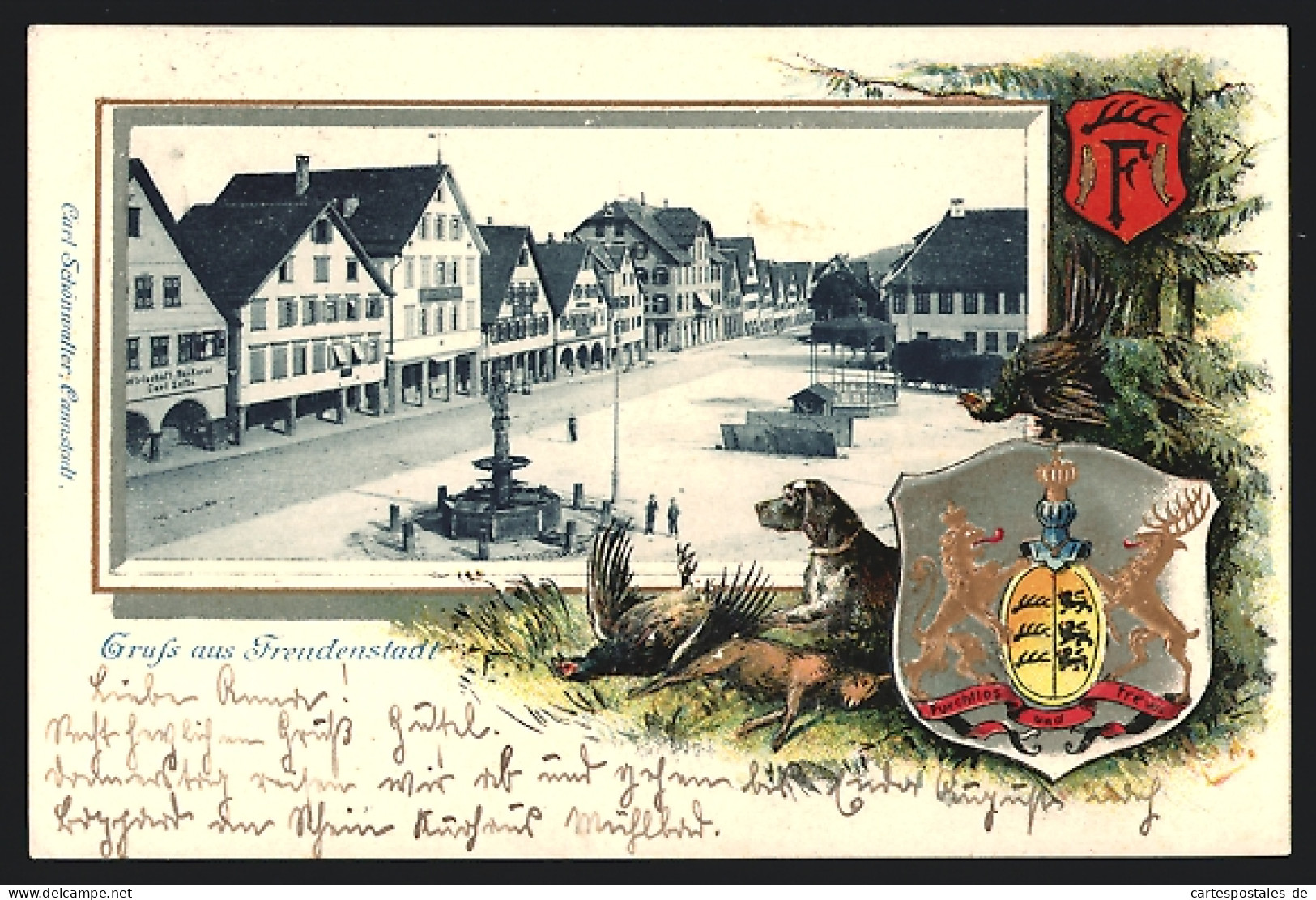 Passepartout-Lithographie Freudenstadt, Blick Auf Den Platz Mit Brunnen, Wappen  - Autres & Non Classés