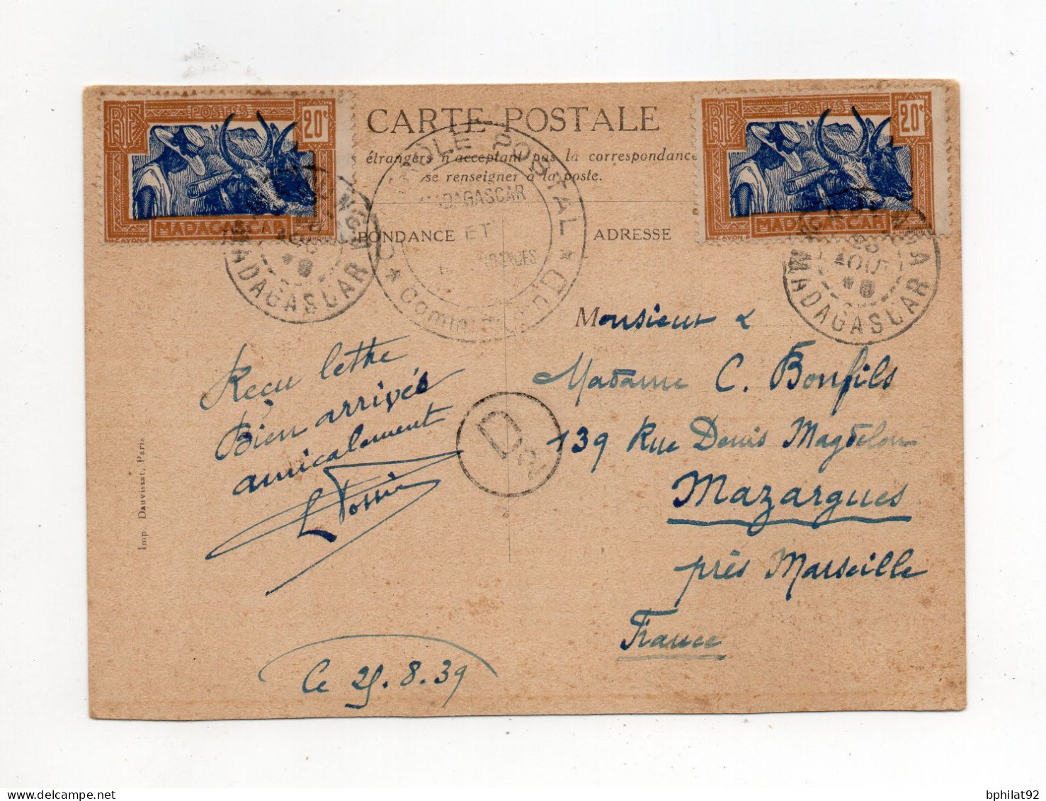 !!! MADAGASCAR, CPA DE 1939 POUR LA FRANCE, CACHET DE MAJUNGA ET CENSURE COMMISSION D2 - Covers & Documents