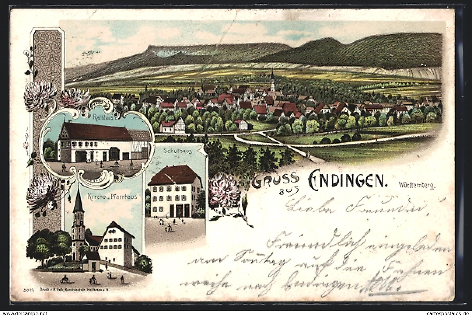 Lithographie Endingen / Balingen, Rathhaus, Schulhaus, Kirche Und Pfarrhaus, Gesamtansicht  - Endingen