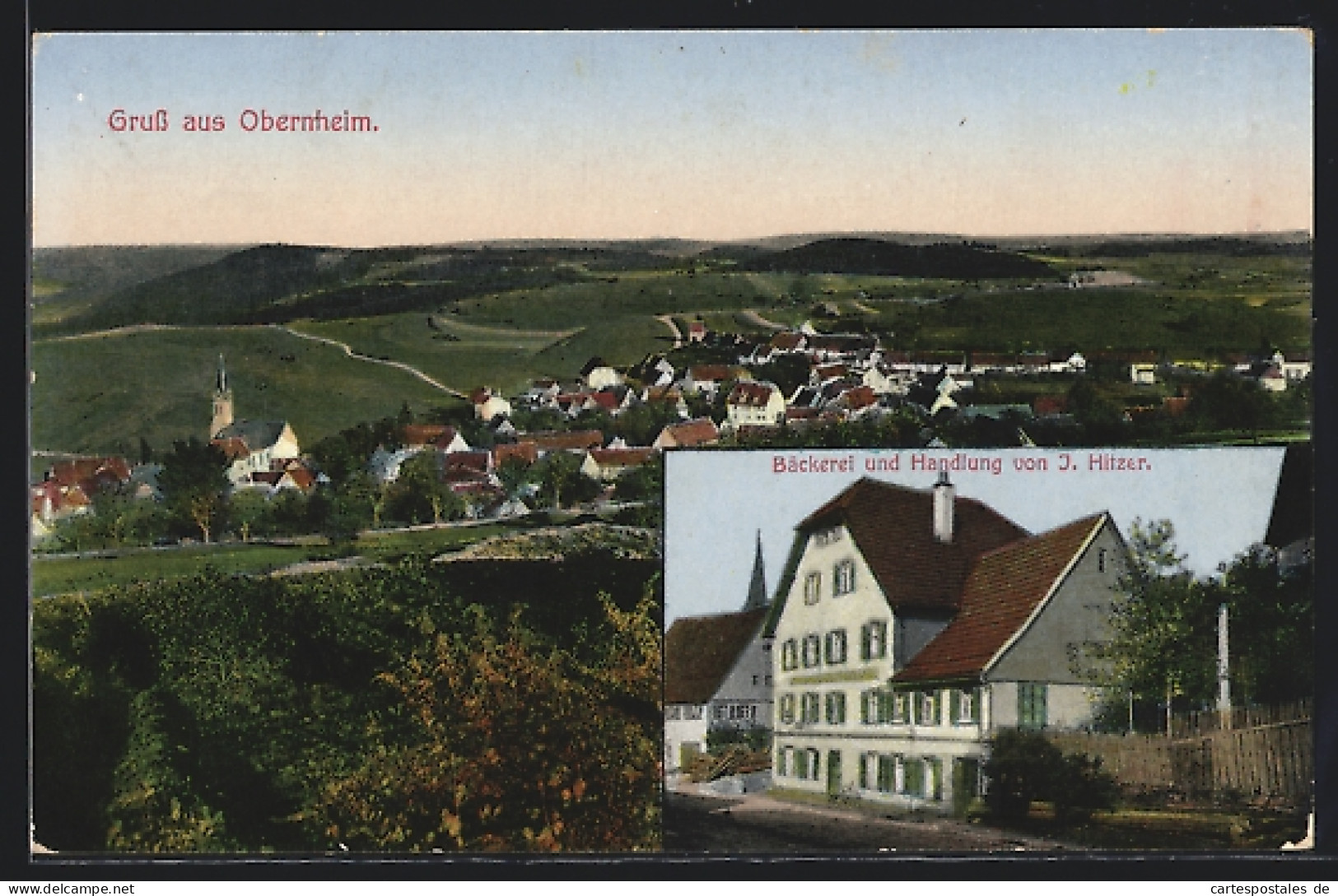 AK Obernheim / Balingen, Bäckerei Und Handlung Von J. Hitzer, Ortsansicht  - Balingen