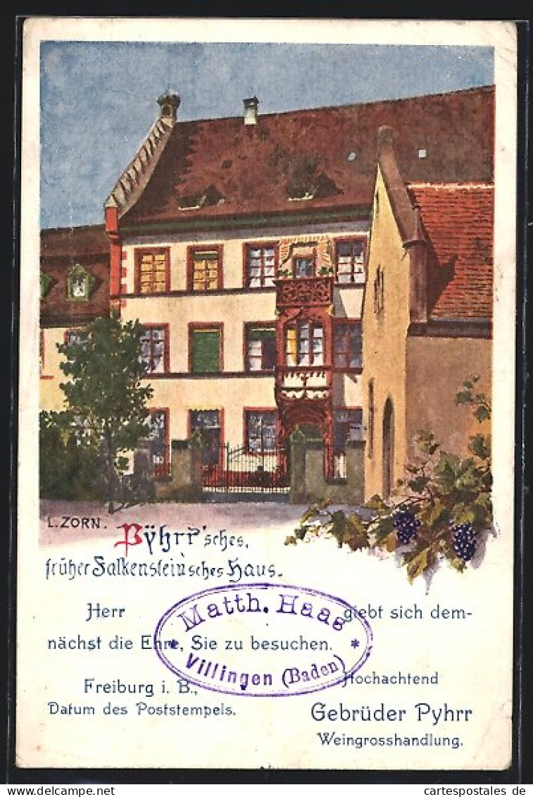 Künstler-AK Freiburg I. B., Phyrr`sches, Früher Falkenstein`sches Haus, Gebrüder Phyrr Weingrosshandlung, Reklame  - Freiburg I. Br.