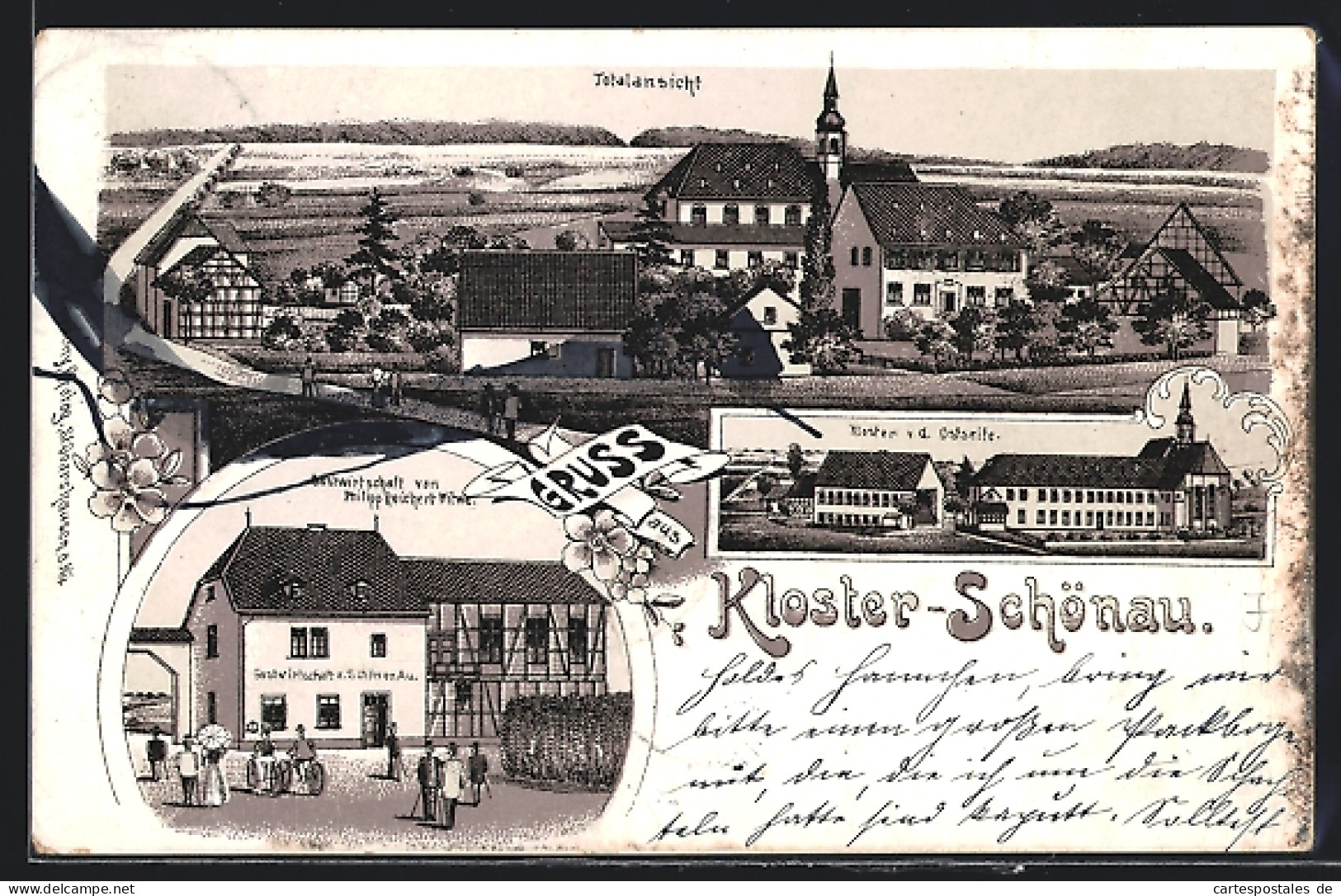 Lithographie Strüth - Kloster Schönau, Gasthof Zur Schönen Au P. Reichert Wwe., Totalansicht  - Sonstige & Ohne Zuordnung