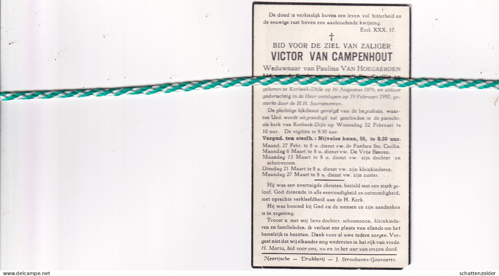 Victor Van Campenhout-Van Hoegaerden, Korbeek-Dijle 1876, 1950 - Overlijden