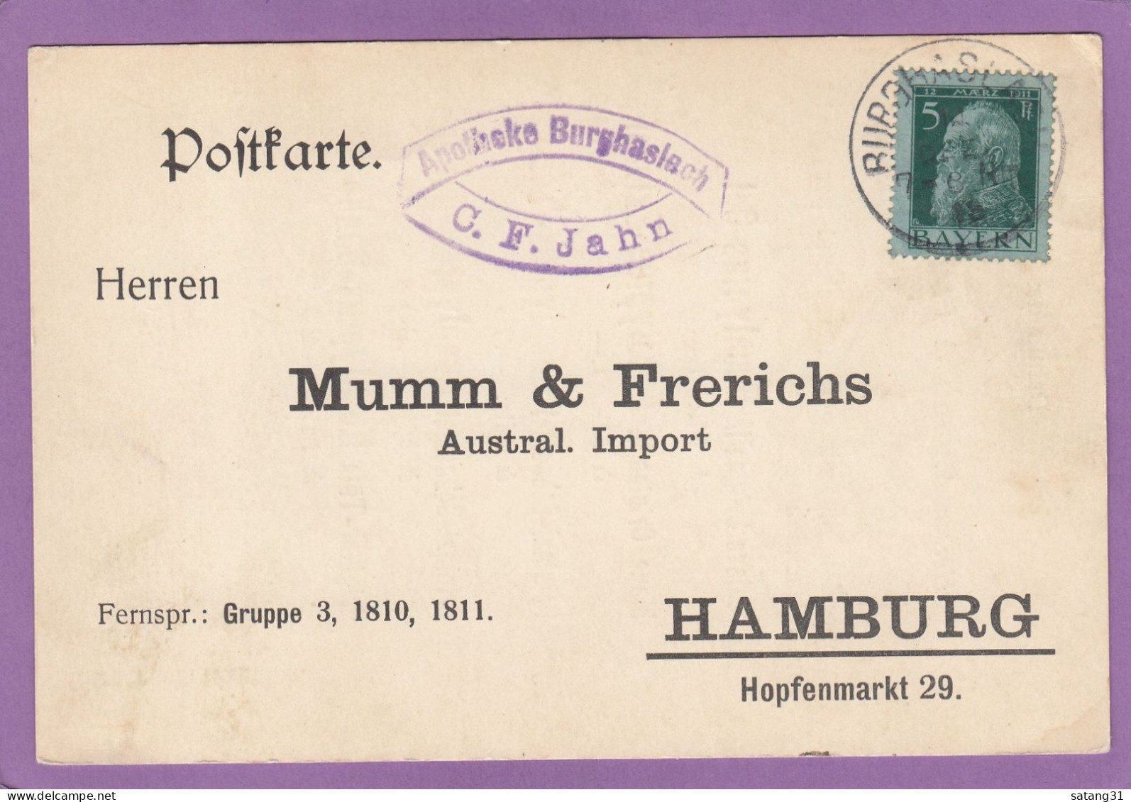 POSTKARTE VON EINE APOTHEKE IN BURGHASLACH NACH HAMBURG,1913. - Storia Postale