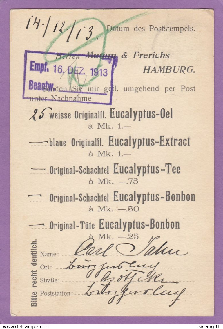 POSTKARTE VON EINE APOTHEKE IN BURGHASLACH NACH HAMBURG,1913. - Briefe U. Dokumente