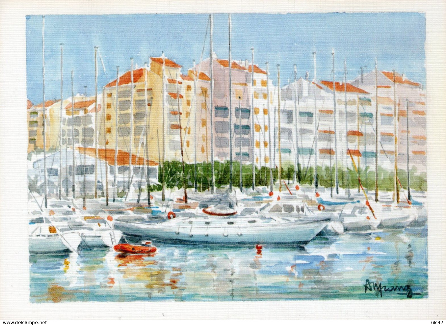 - 83 - HIERES Les PALMIERS - Aquarelle André Franz, Un Port En Méditerranée -  Scan Verso - - Hyeres
