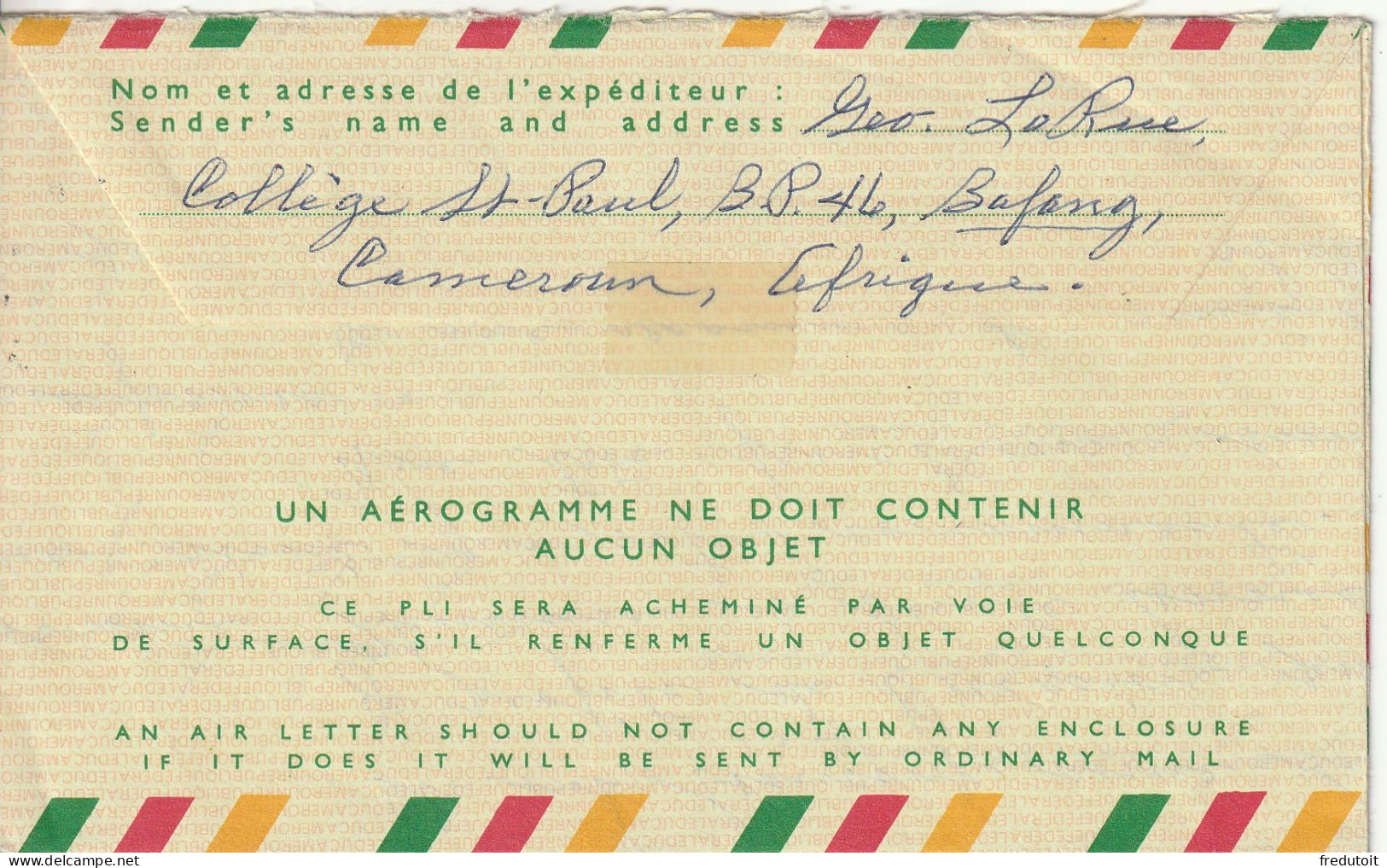 CAMEROUN - Aérogramme De Bafang Le 09/01/1971 Pour Paris - Cameroun (1960-...)