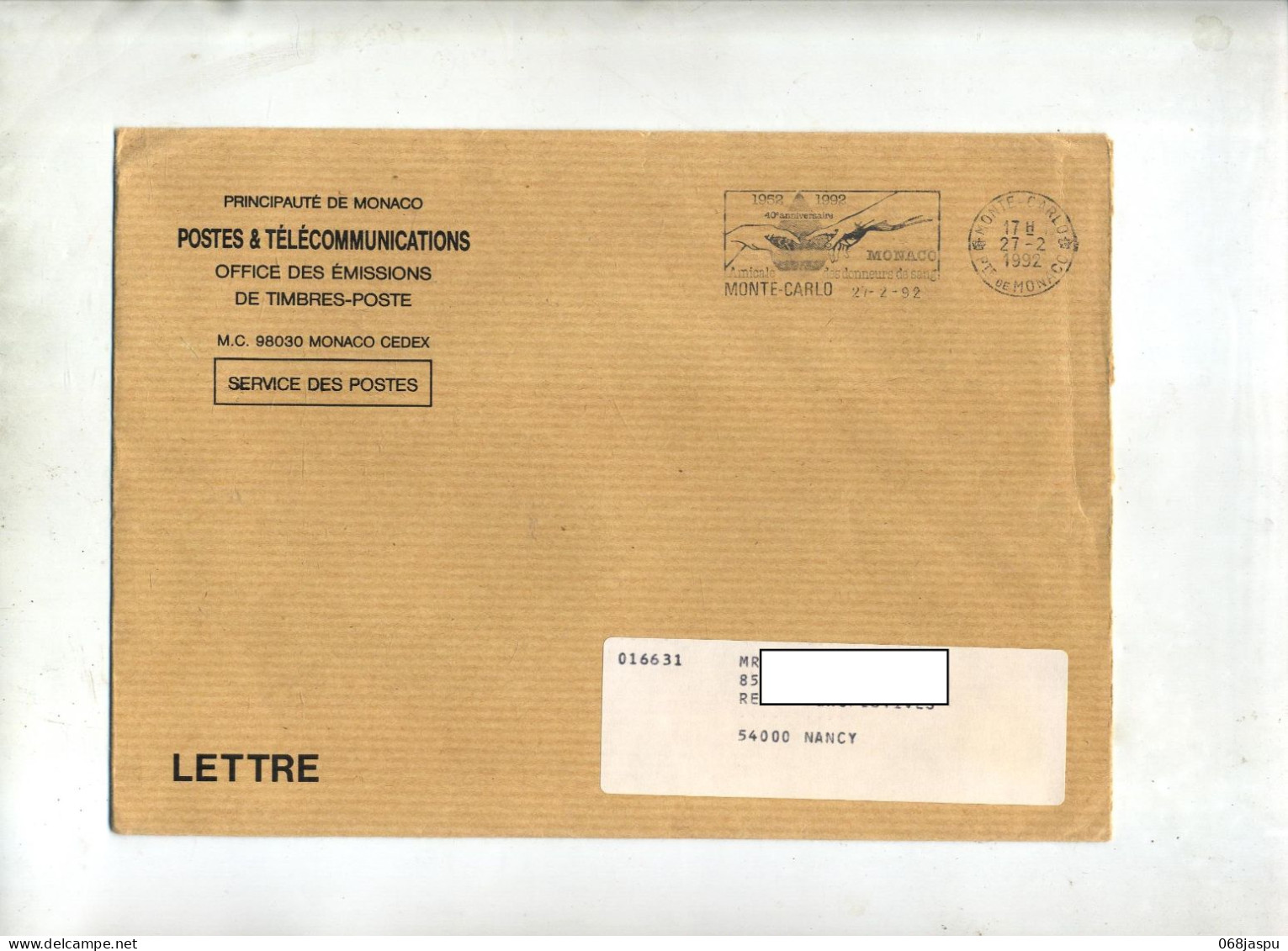 Lettre   Flamme Monte Carlo Don Du Sang - Storia Postale