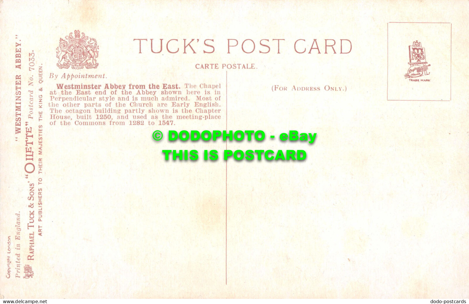 R548690 Westminster Abbey From The East. Tuck. Oilette. Postcard No. 7033. Charl - Wereld