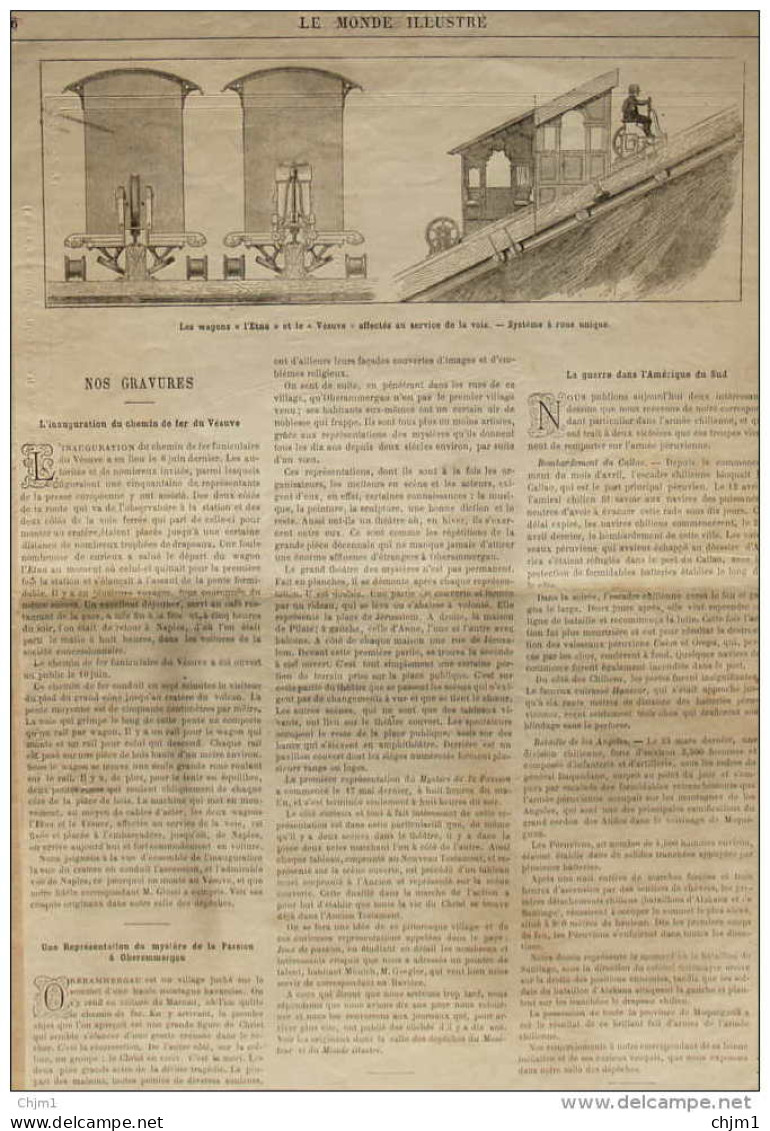 Italie - Inauguration Du Chemin De Fer Funiculaire Du Vésuve - Les Wagons -page Original  1880 - Documenti Storici