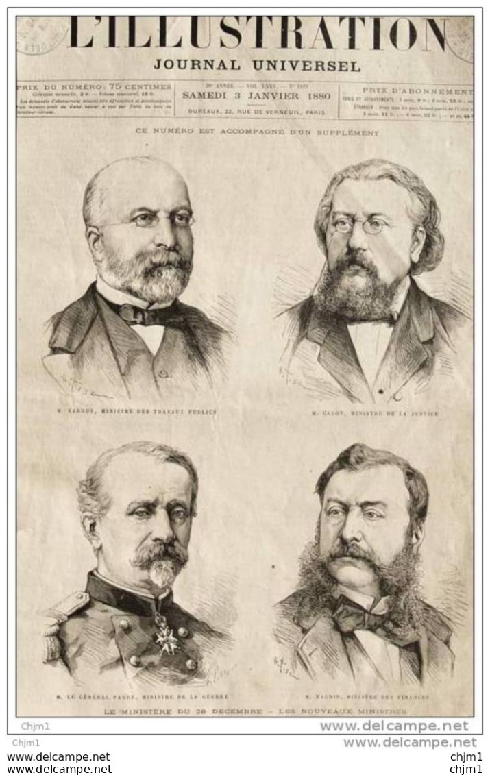 Nouveaux Ministres - Varroy - Cazot - Général Farré - Magnin  - Page Original - Old Print -  Alter Druck 1880 - Historische Dokumente