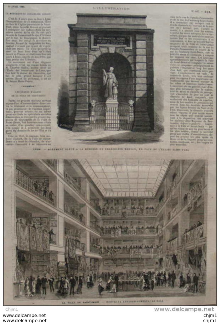 Lyon - Monument élevé à La Mémoire Du Chancelier Gerson - La Ville De Saint-Denis - Le Hall - Page Original - 1880 - Historische Dokumente