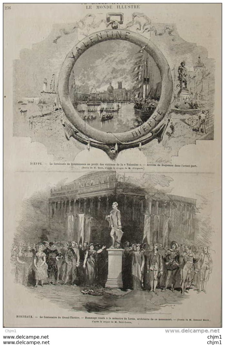 Bordeaux - Le Centenaire Du Grand Théâtre - Dieppe, La Cavalcade De Bienfaisance - Page Original 1880 - Historical Documents