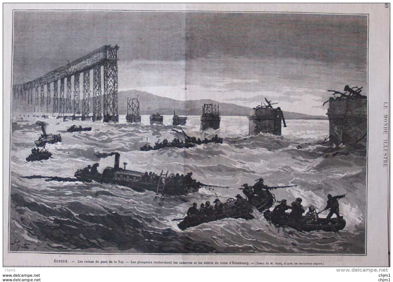 Écosse - Les Ruines Du Pont De La Tay - Les Plongeurs Recherchant Les Cadavres Du Train D'Edimbourg Page Original - 1880 - Documenti Storici