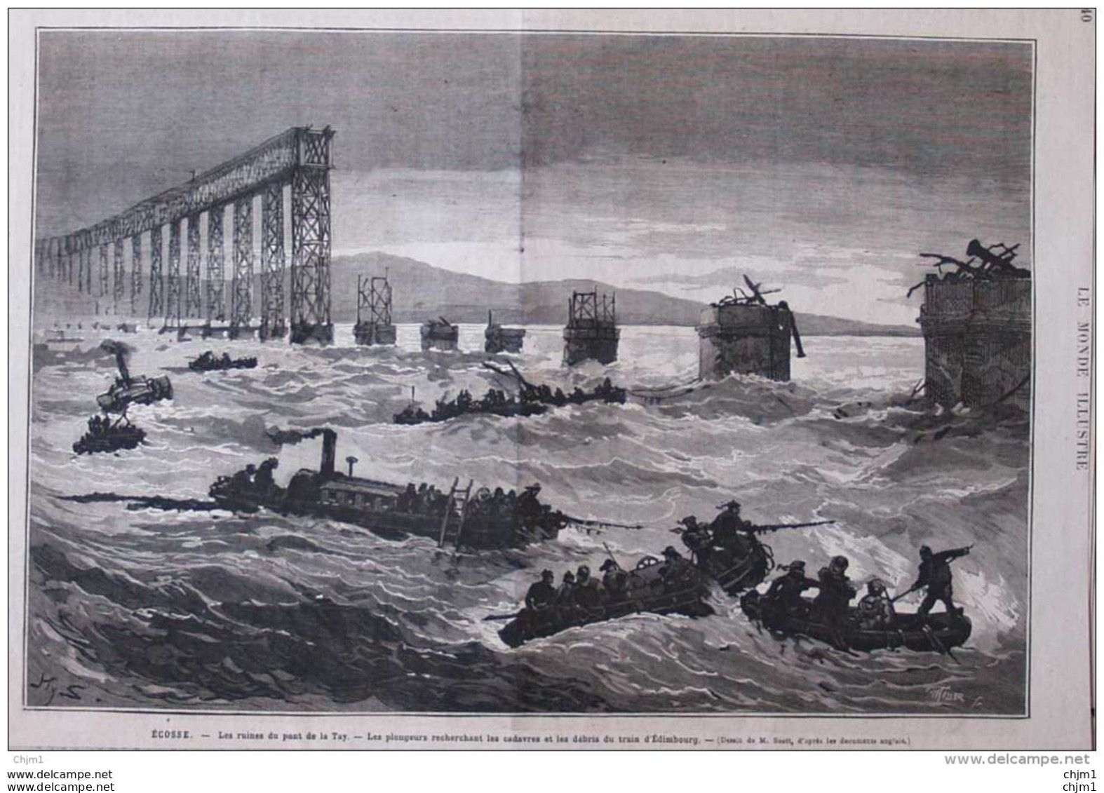 Écosse - Les Ruines Du Pont De La Tay - Les Plongeurs Recherchant Les Cadavres Du Train D'Edimbourg Page Original - 1880 - Historische Documenten