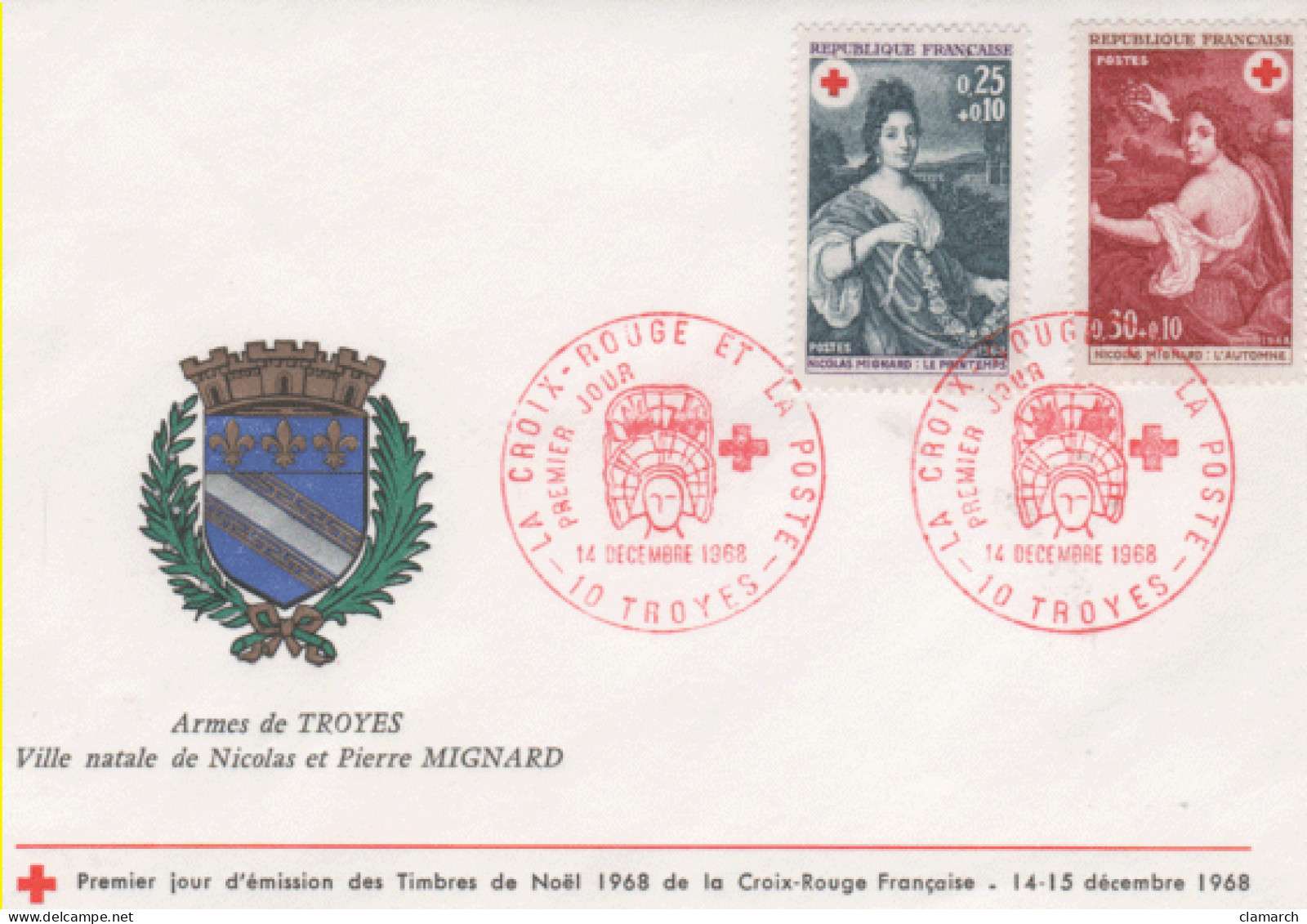 FRANCE-Premier Jour D'émission-La Croix Rouge Et La Poste-cachet De Troyes Du 14.12.68 - Documents Of Postal Services