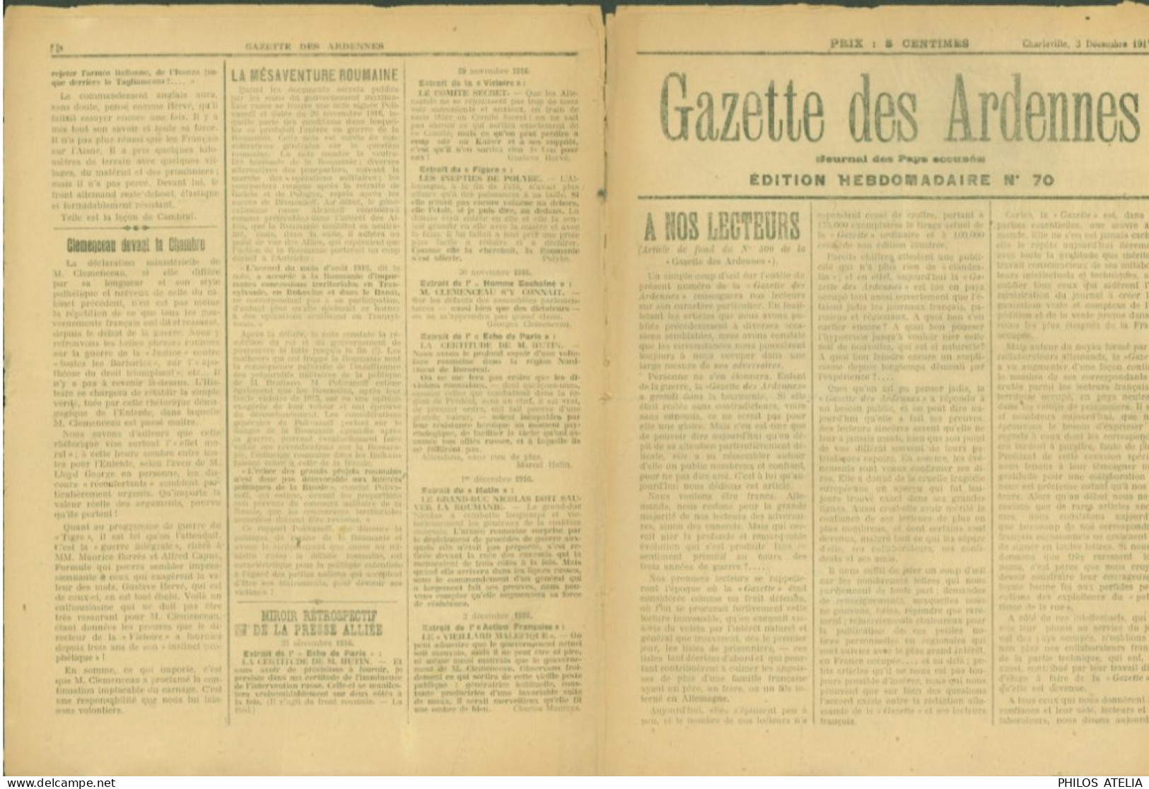 Journal Pro Allemand Gazette Des Ardennes Guerre 14 Zone Occupée Charleville 3 12 1917 - Andere & Zonder Classificatie