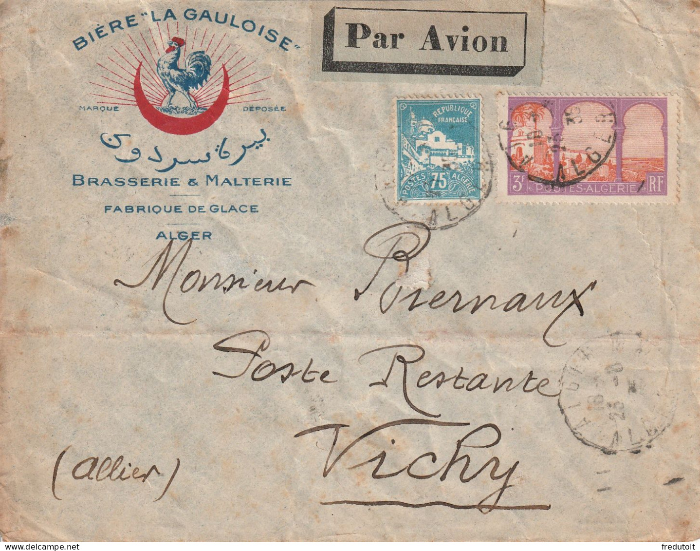 ALGERIE - LETTRE Du 23/08/1935 Pour Vichy - PUB : Bière 'La Gauloise" - Lettres & Documents