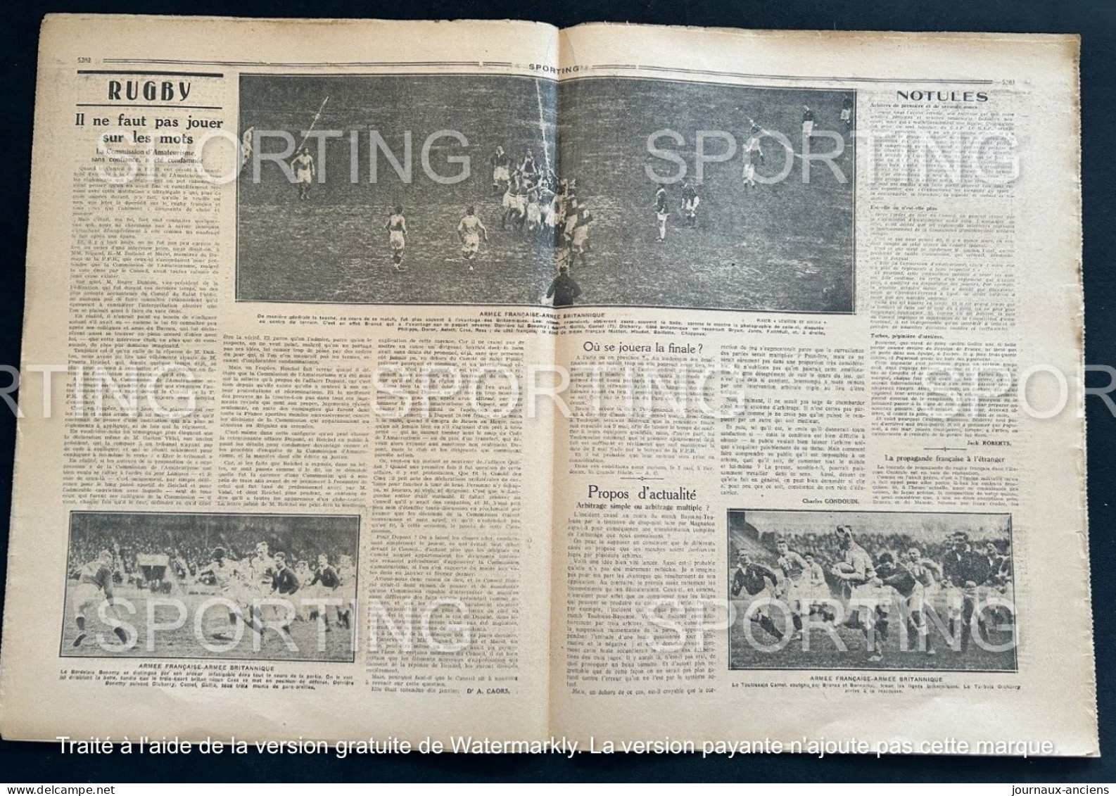 1926 Revue Sportive " SPORTING " RUGBY Armée Britanique Armée Francaise -AUTOMOBILE Tour de France - FOOTBALL - CYCLISME