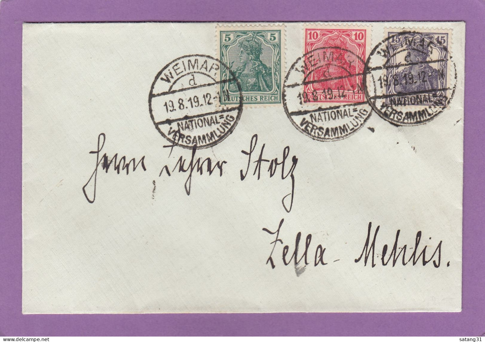 BRIEF MIT STEMPEL " WEIMAR NATIONAL - VERSAMMLUNG " UND 3 "GERMANIA" MARKEN IN VERSCHIEDENE FARBEN. - Storia Postale