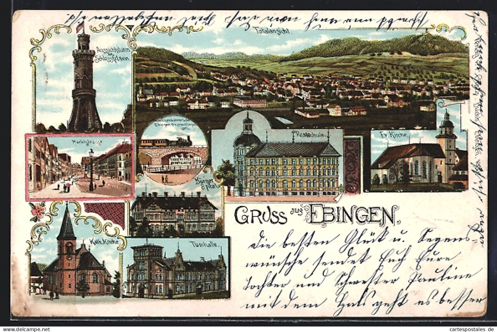 Lithographie Ebingen, Marktstrasse, Turnhalle, Realschule, Totalansicht  - Sonstige & Ohne Zuordnung