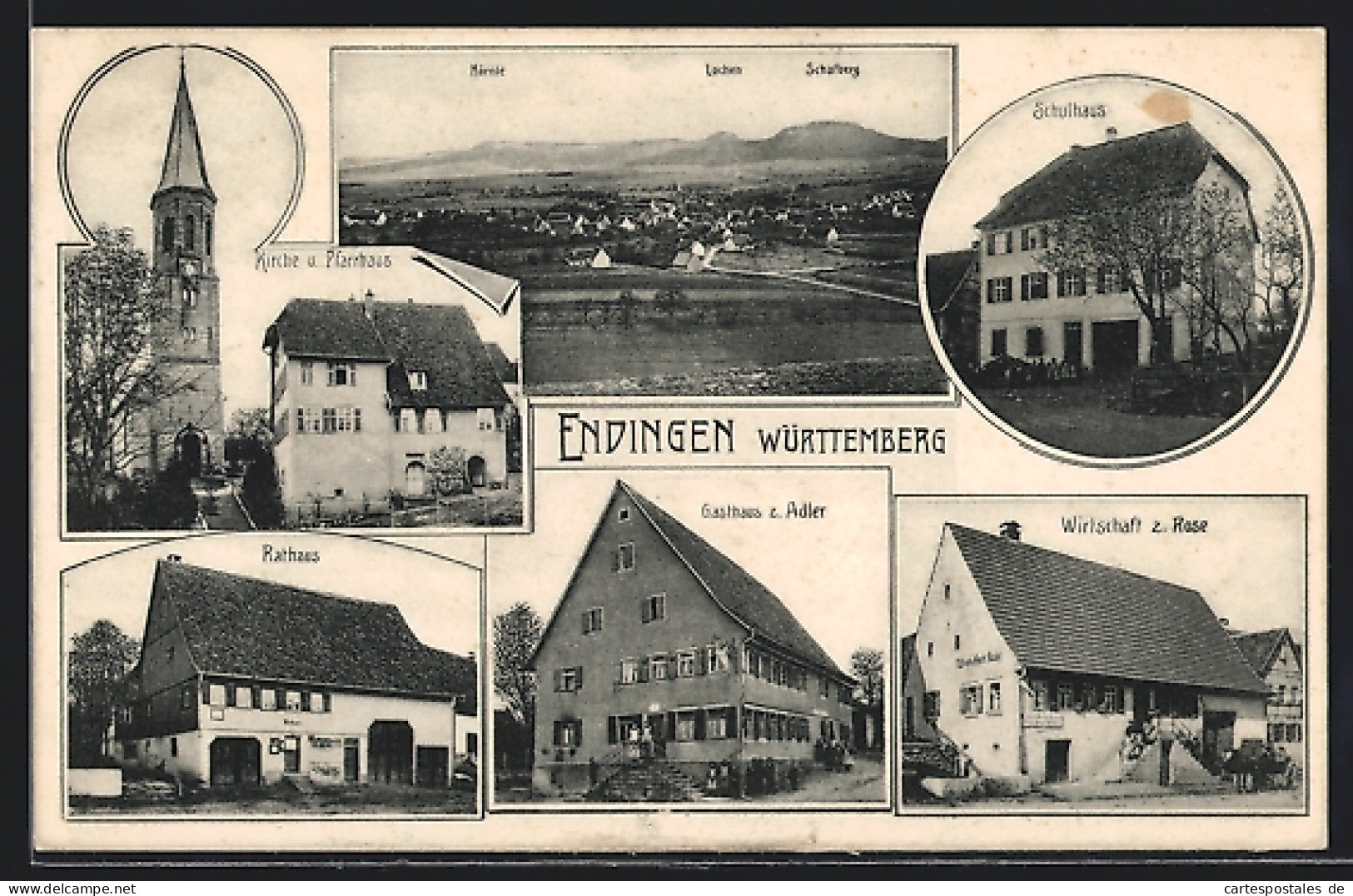 AK Endingen / Balingen, Wirtschaft Z. Rose, Gasthaus Z. Adler, Rathaus, Kirche & Pfarrhaus  - Endingen