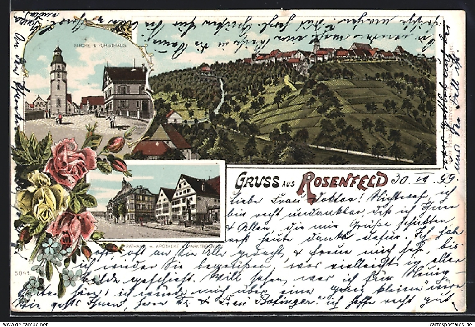 Lithographie Rosenfeld / Württ., Kirche Und Gasthaus Forsthaus, Rathaus Mit Apotheke Und Marktbrunnen, Teilansicht  - Hunting