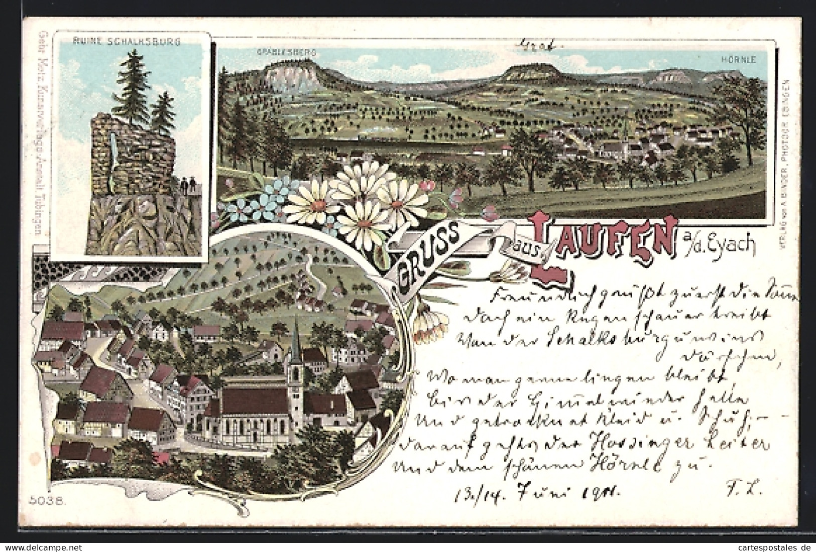 Lithographie Laufen A. D. Eyach, Panorama Mit Gräblesberg Und Hörnle, Kirche, Ruine Schalksburg  - Sonstige & Ohne Zuordnung