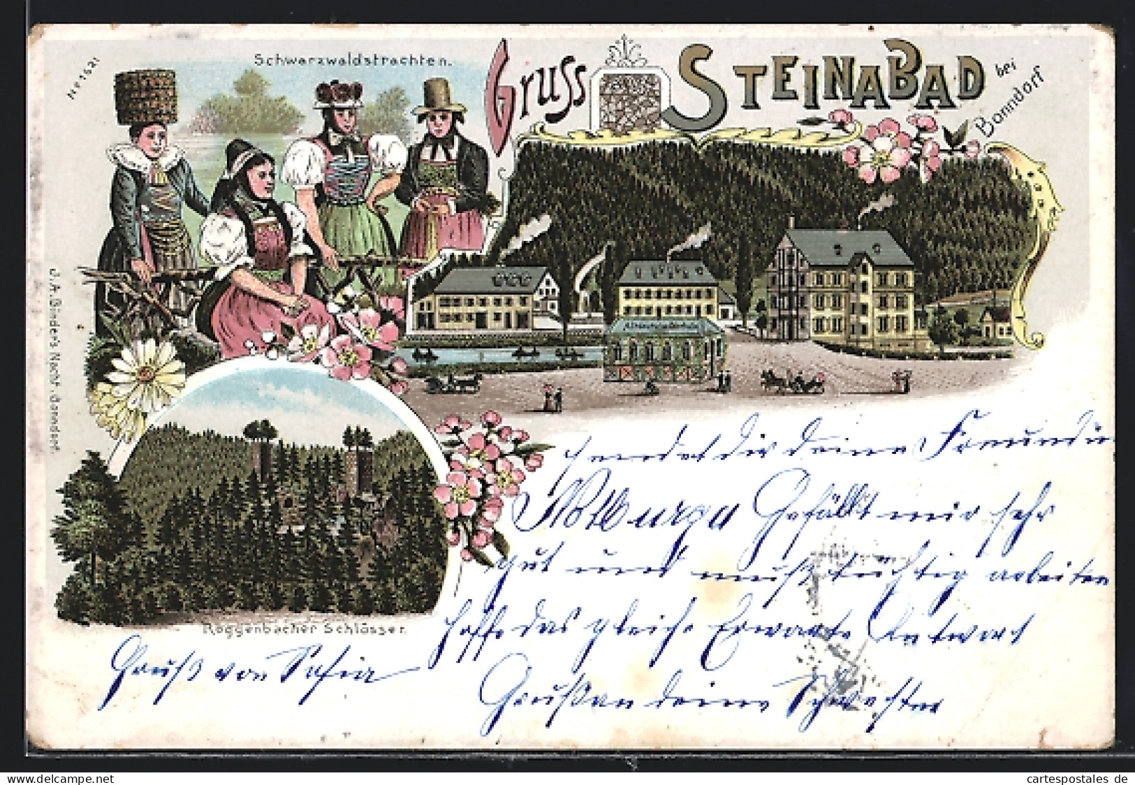 Lithographie Bonndorf / Baden, Gasthof Steinabad & Altdeutsche Bierhalle, Roggenbacher Schlösser, Schwarzwaldtracht  - Bonndorf