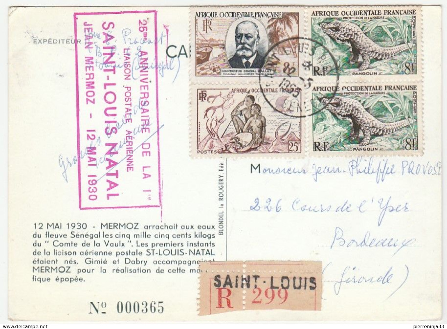 Carte Recommandée Saint Louis, Anniversaire De La 1ère Liaison Postale Aérienne, St Louis Natal, Mermoz1930 - Lettres & Documents