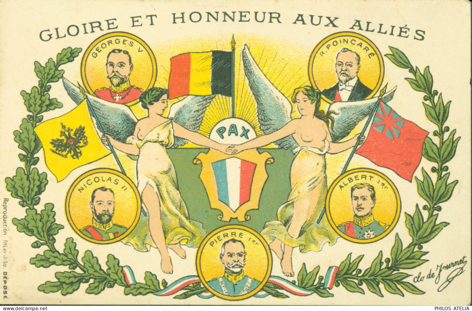 Guerre 14 CP FM Carte Franchise Militaire Gloire Honneur Alliés Pax Georges V Nicolas II Poincaré Albert & Pierre 1er - Weltkrieg 1914-18