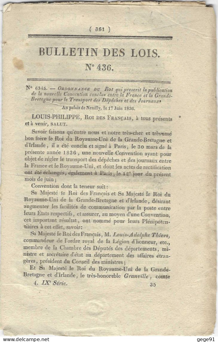 Bulletin Des Lois 436 _ 1836 - Voir Le Descriptif Pour Le Contenu - Gesetze & Erlasse