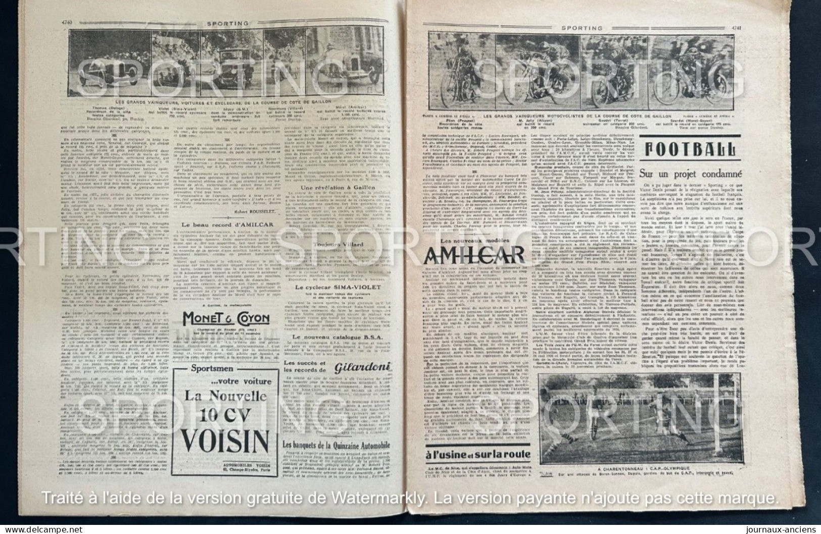 1925 Revue Sportive " SPORTING "  FOOTBALL - RUGBY - CYCLISME  - COURSE DE GAILLON - AMILCAR - RUGBY - BOXE - BUGATTI - 1900 - 1949