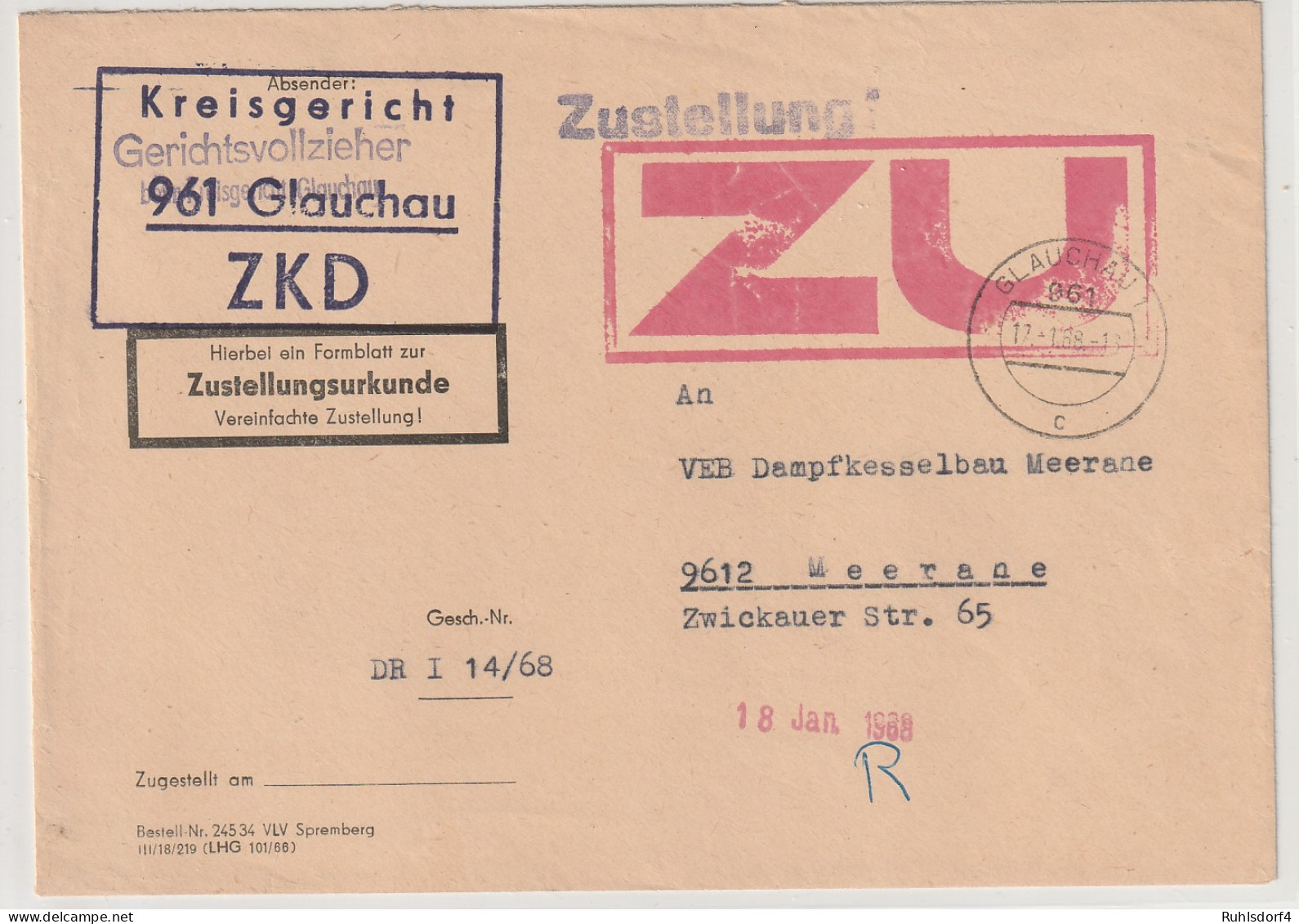 ZKD-Brief Mit Zustellurkunde, Roter Kastenstempel "ZU" - Other & Unclassified