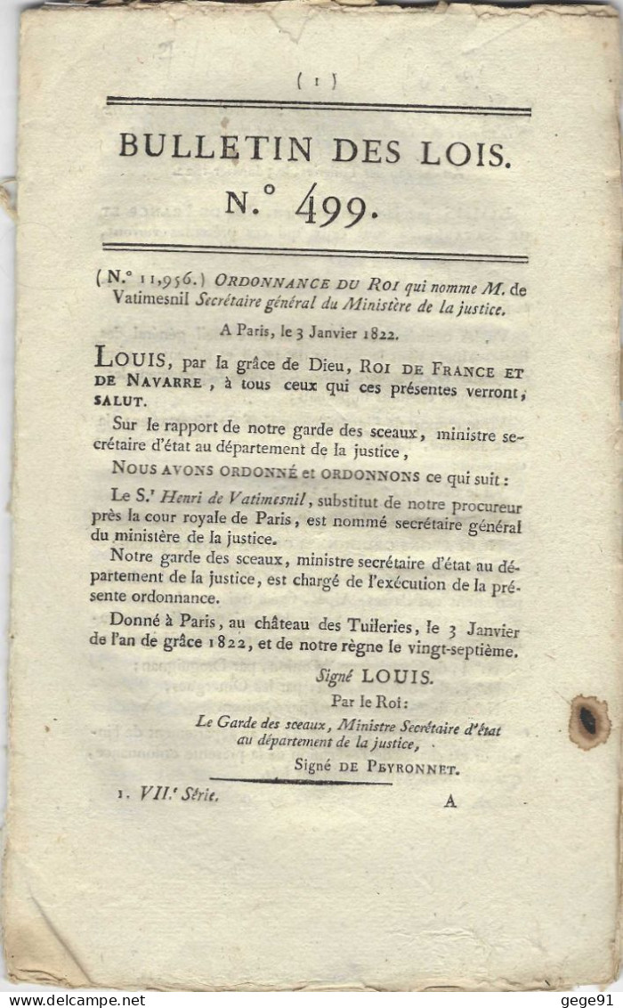 Bulletin Des Lois 499 _ 1822 - Voir Le Descriptif Pour Le Contenu - Wetten & Decreten