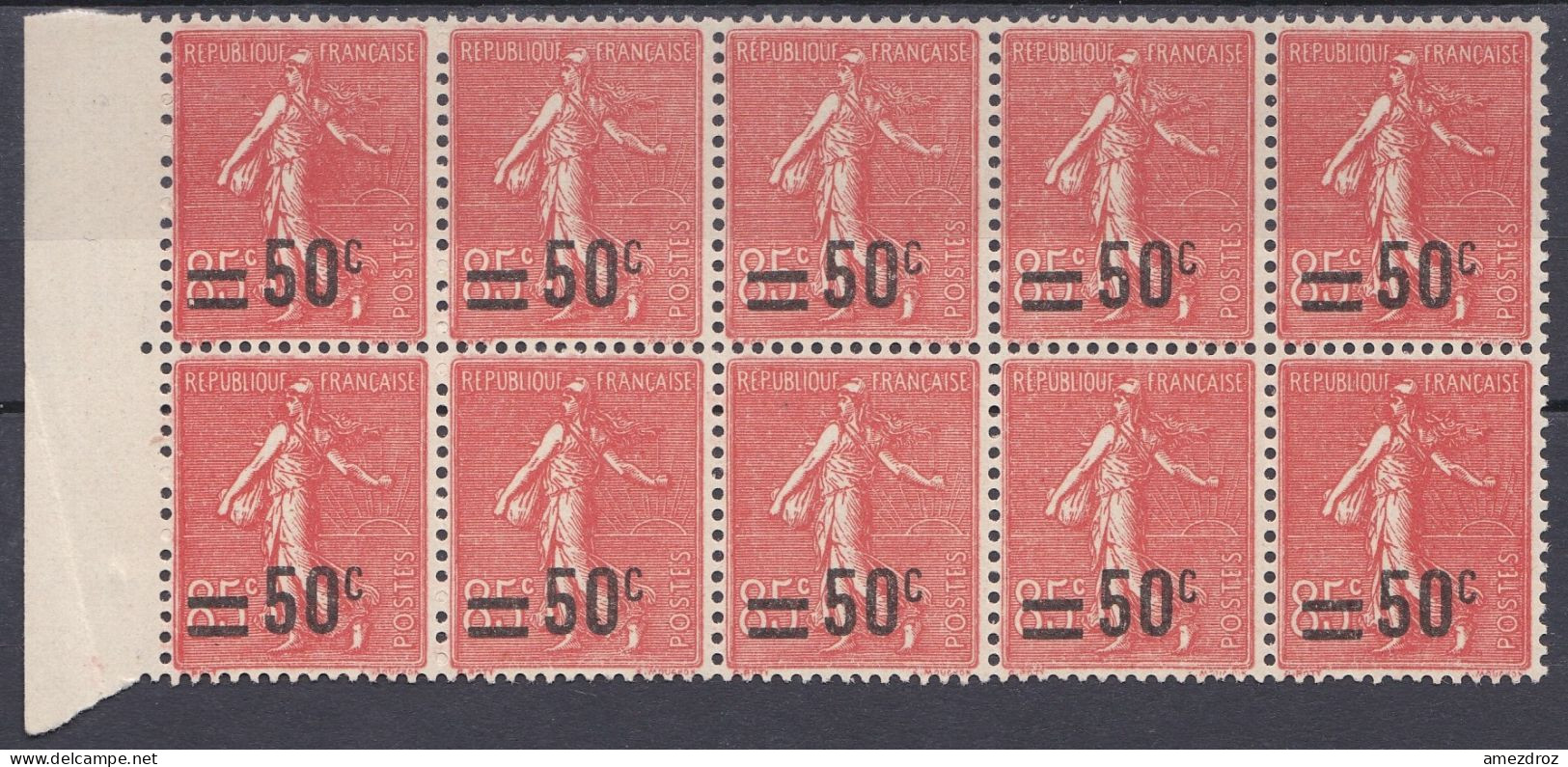 France 1926-1927 N° 221 ** Semeuse Fond Ligné Bloc De 10 Cote 70 €   (Gf) - 1903-60 Semeuse A Righe