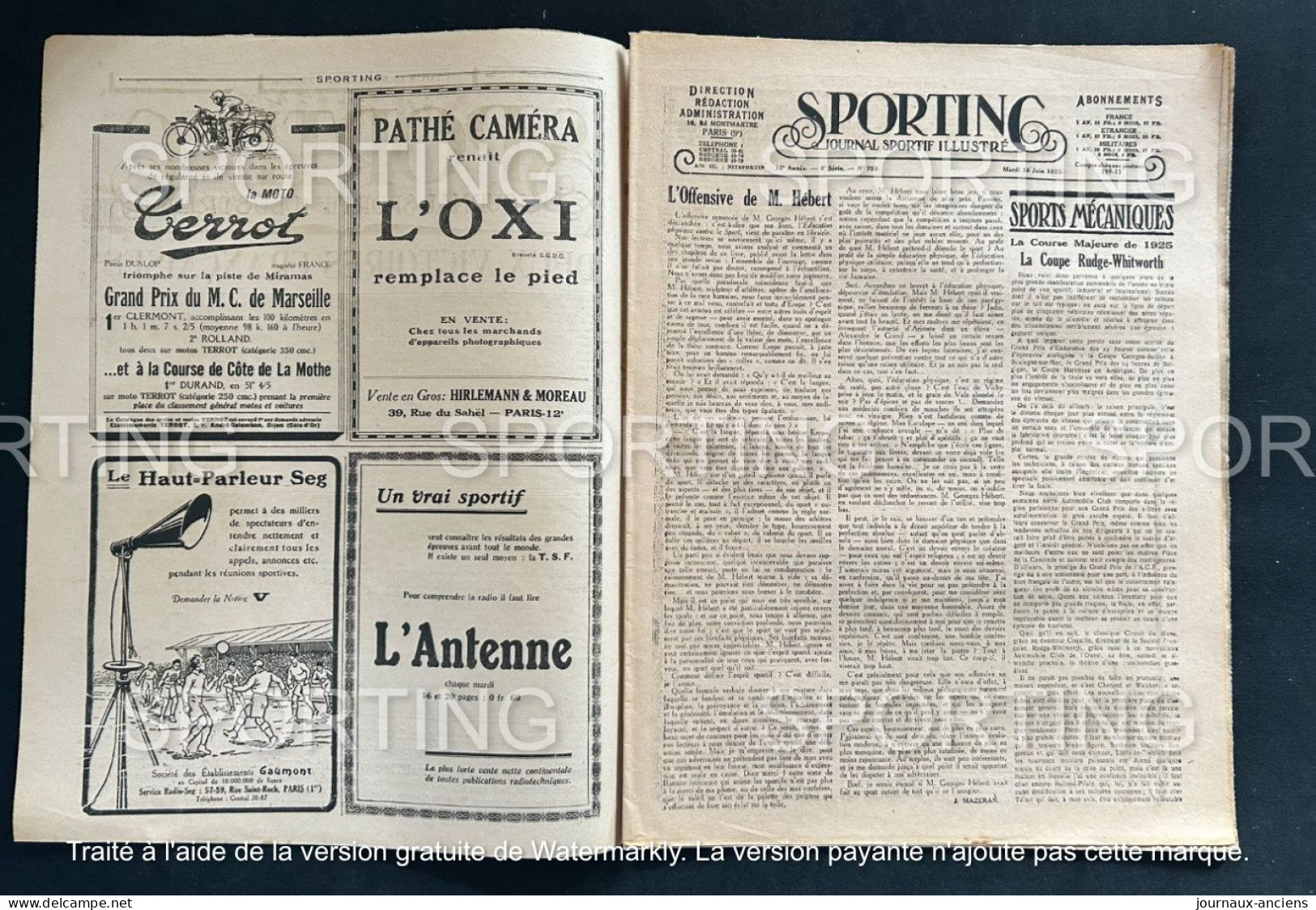 1925 Revue Sportive " SPORTING "  - TENNIS COUPE DAVIS - AUTOMOBILE COTE DE PLANFOY  GP DE MARSEILLE - CYCLISME  - BOXE - 1900 - 1949