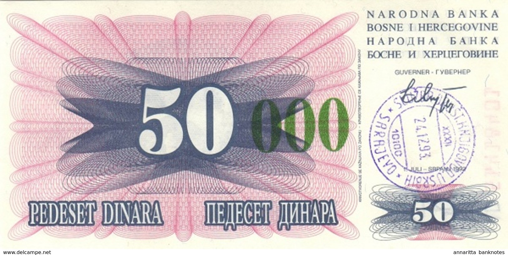 BOSNIA & HERZEGOVINA 50000 DINARA 24.12.1993 P-55g XF/AU HANDSTAMP, SARAJEVO [BA055g] - Bosnien-Herzegowina