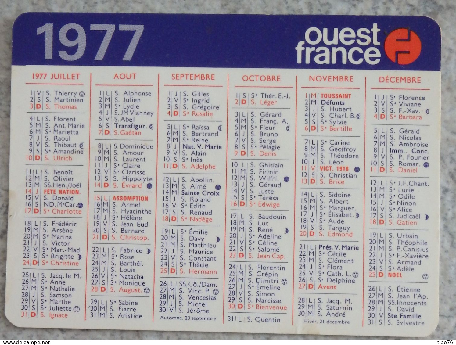 Petit Calendrier De Poche 1977 Journal Ouest France - Tamaño Pequeño : 1971-80