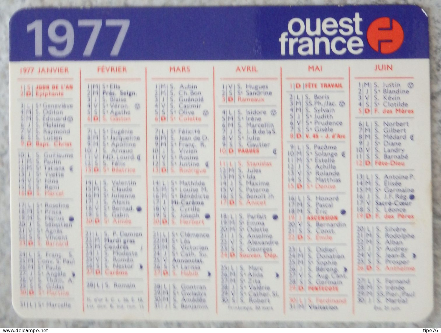 Petit Calendrier De Poche 1977 Journal Ouest France - Tamaño Pequeño : 1971-80