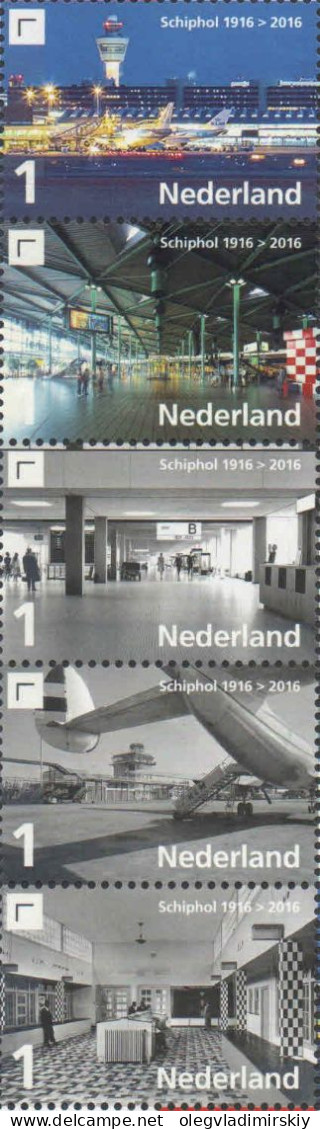 Netherlands Pays-Bas Niederlande 2016 Aviation 100th Ann Schiphol Airport In Amsterdam Set Of 5 Stamps In Strip MNH - Flugzeuge