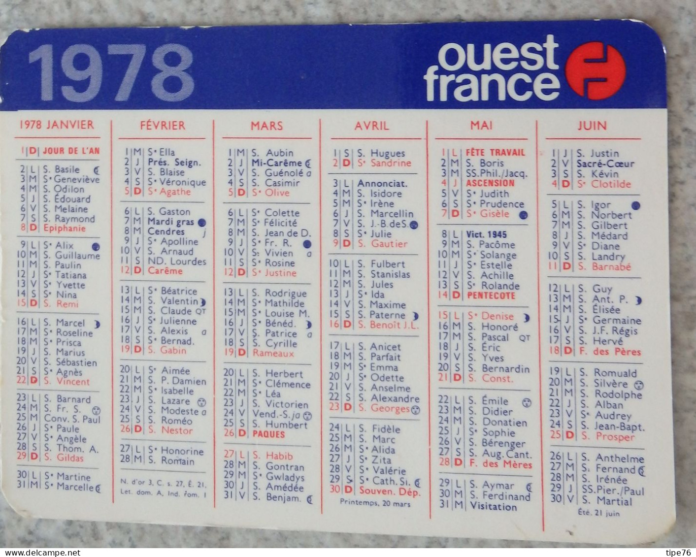 Petit Calendrier De Poche 1978 Journal Ouest France - Kleinformat : 1971-80