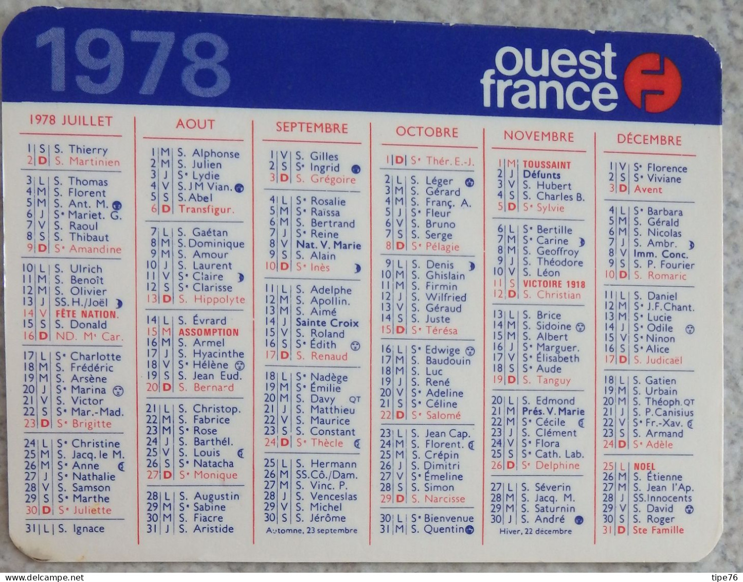 Petit Calendrier De Poche 1978 Journal Ouest France - Tamaño Pequeño : 1971-80