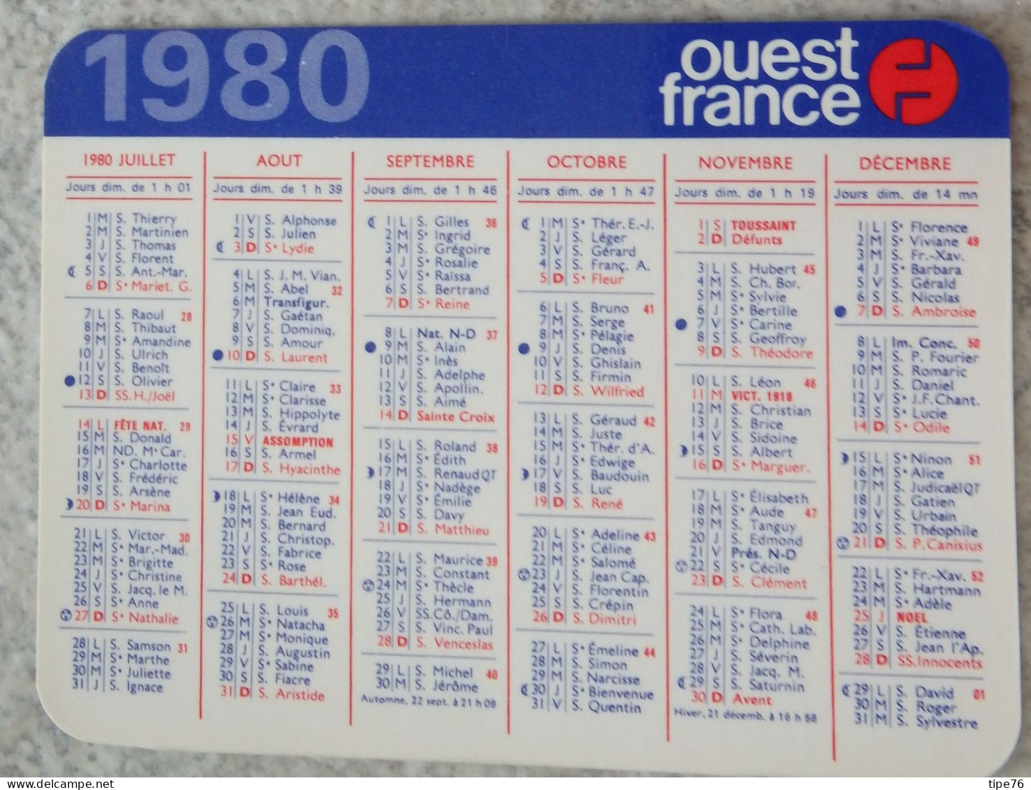 Petit Calendrier De Poche 1980 Journal Ouest France - Petit Format : 1971-80